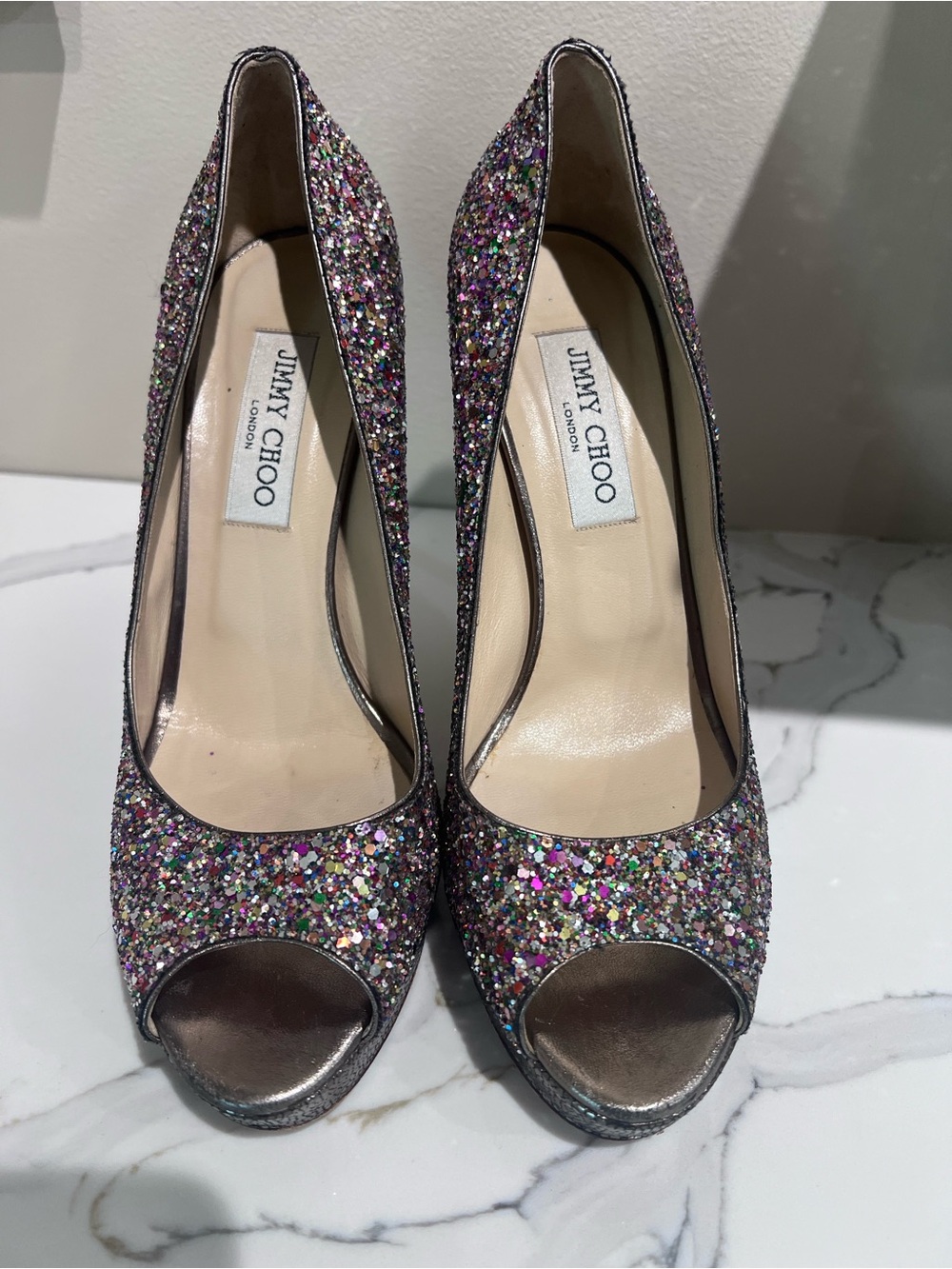 Jimmy Choo Multicolor Glitter Peep Toe Platform Pumps Heels Sz 39 Made in Italy